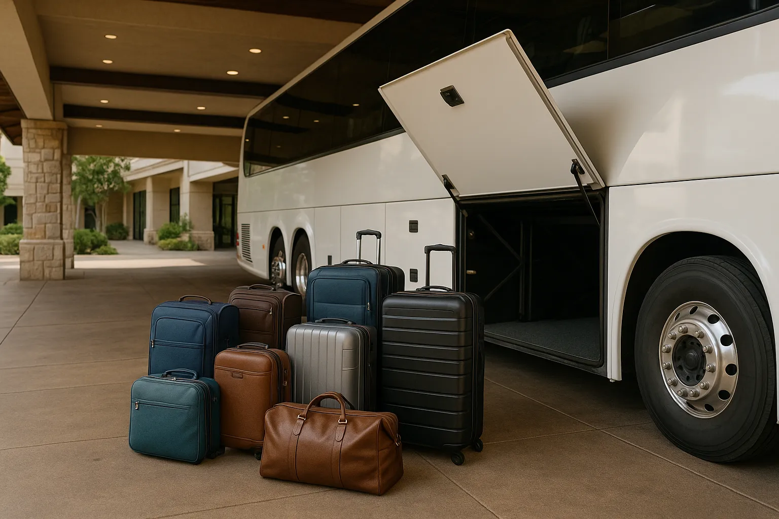 Luggage stacked beside the open under-floor bay of a 56-passenger charter bus at an Arizona resort