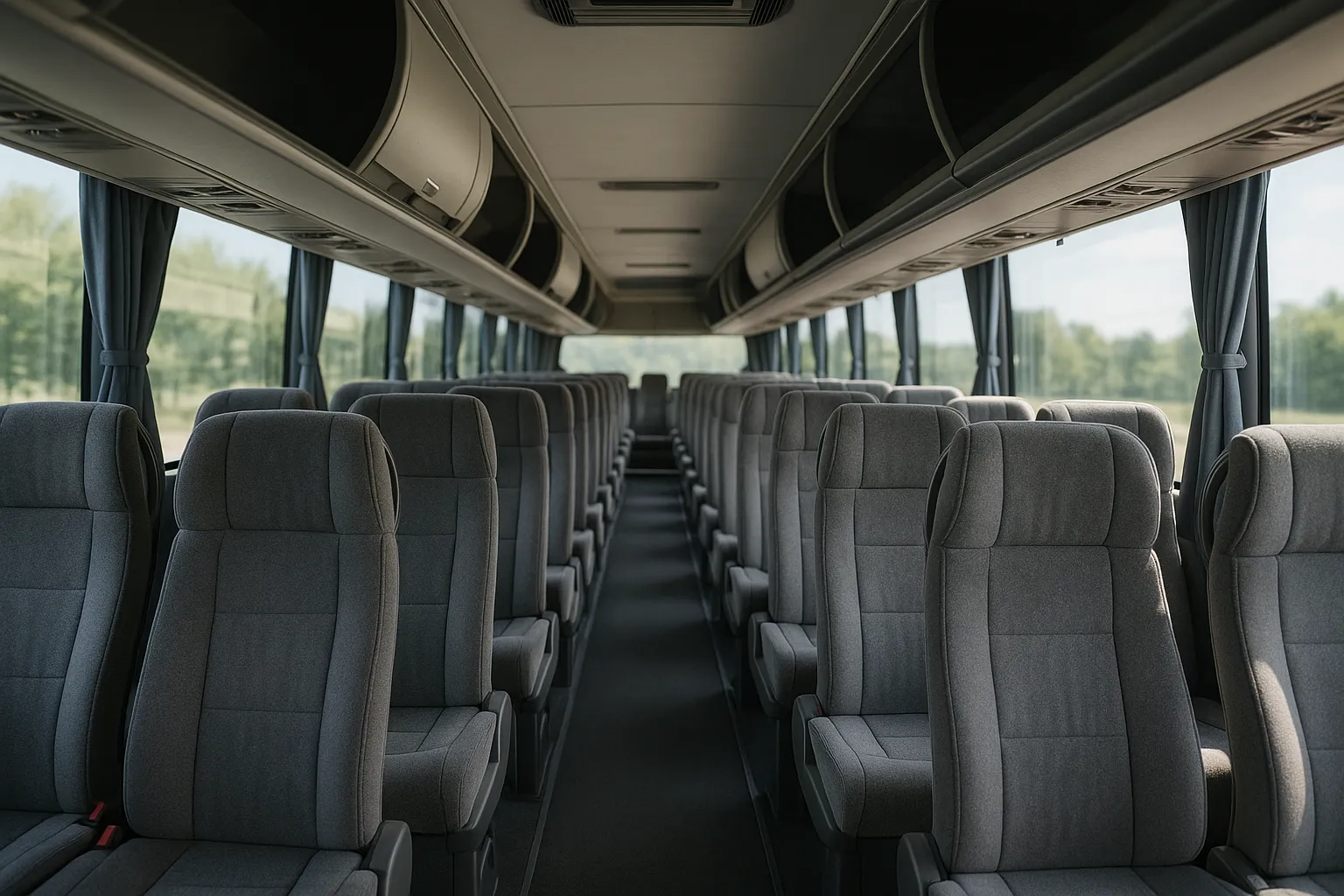 Interior aisle of a 56-passenger charter bus with reclining seats and overhead luggage racks