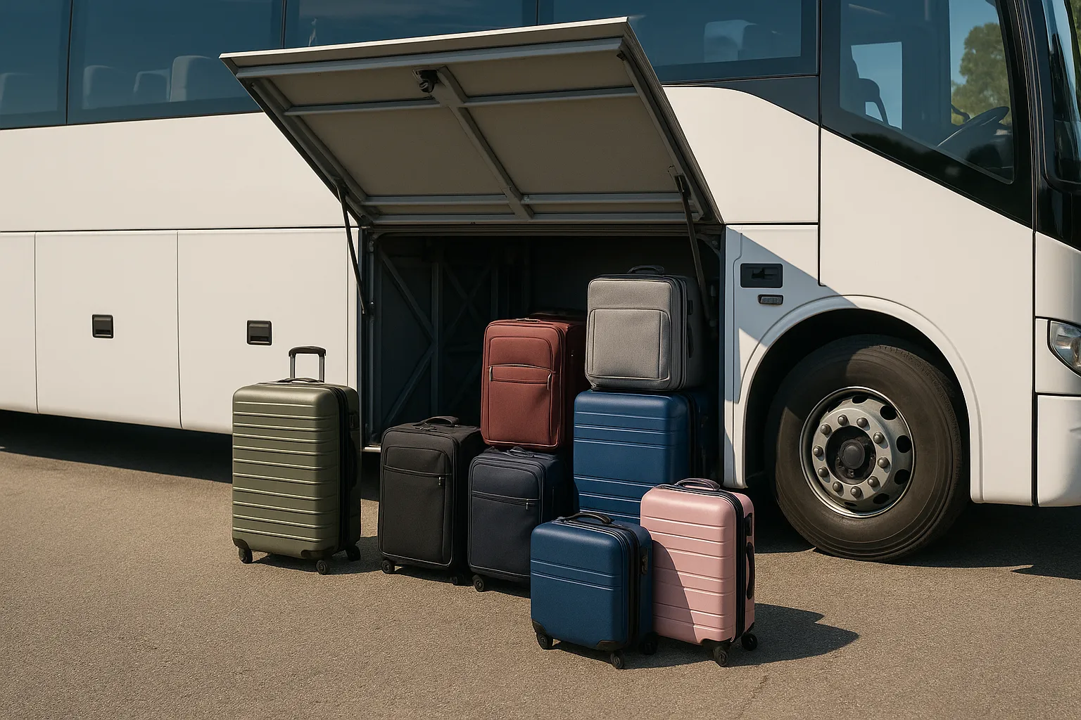 Suitcases being loaded into the under-floor luggage bay of a 56-passenger charter bus