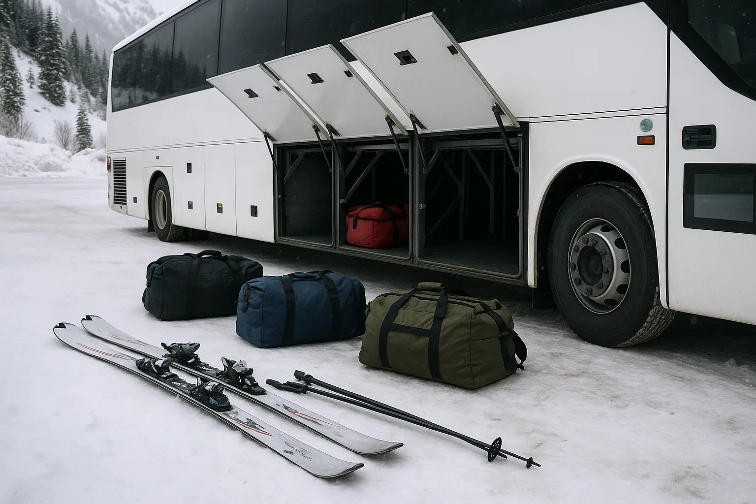 Ski gear and bags loaded into the under-floor bay of a 56-passenger charter bus at a Tahoe lot