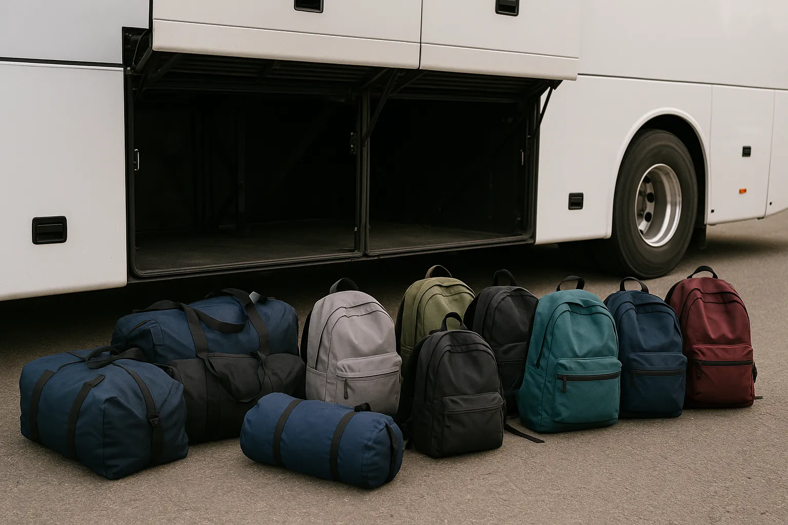 Duffel bags and backpacks beside the open under-floor bay of a 56-passenger charter bus