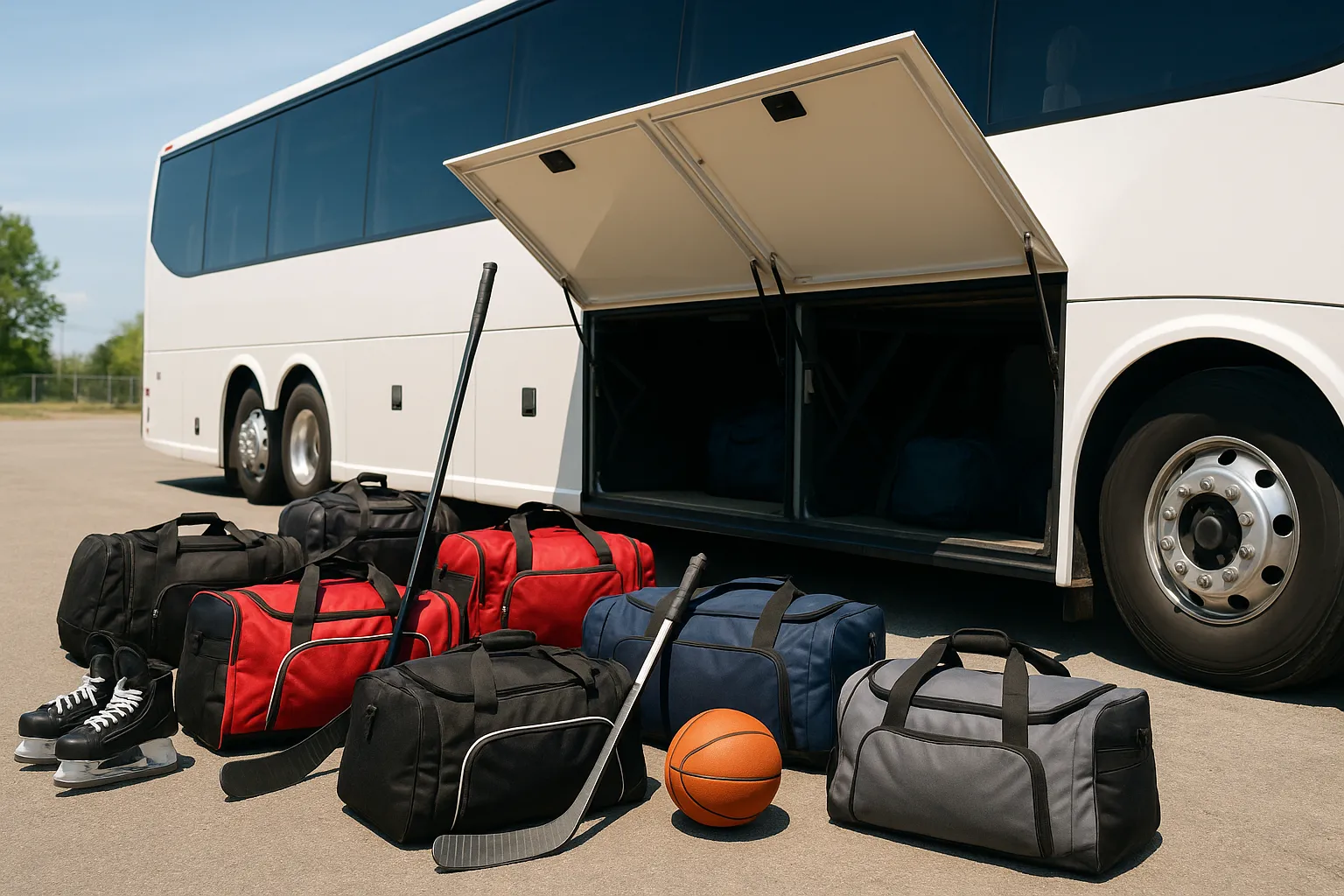 Sports bags and equipment loaded into the under-floor bay of a 56-passenger charter bus