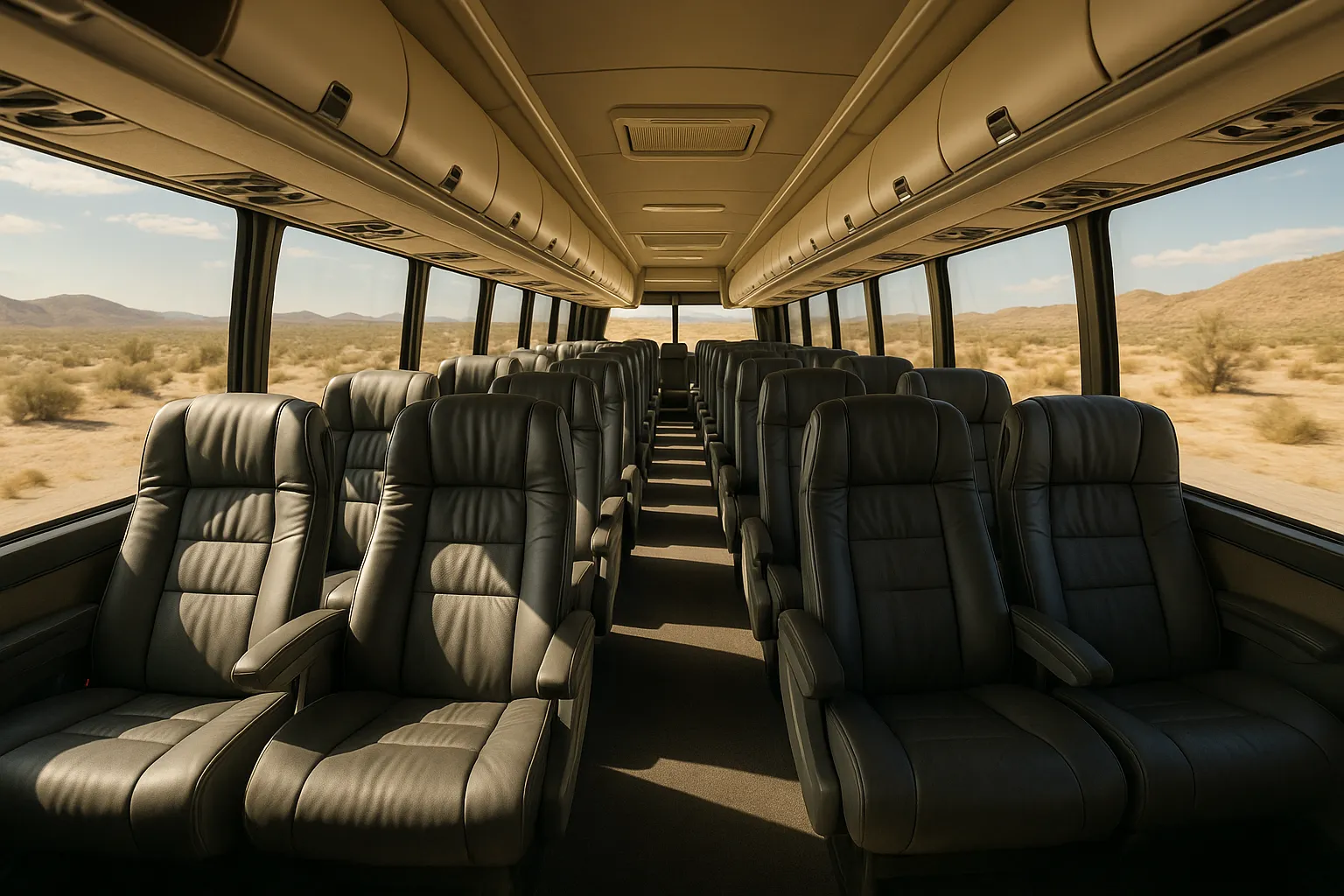 Interior of a 56-passenger charter bus with reclining seats and overhead racks