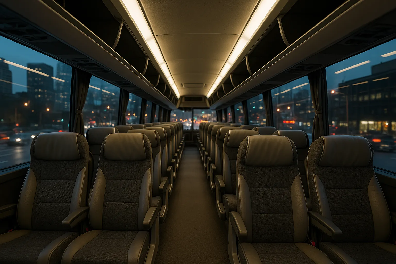 Interior aisle of a 56-passenger charter bus with reclining seats and overhead racks