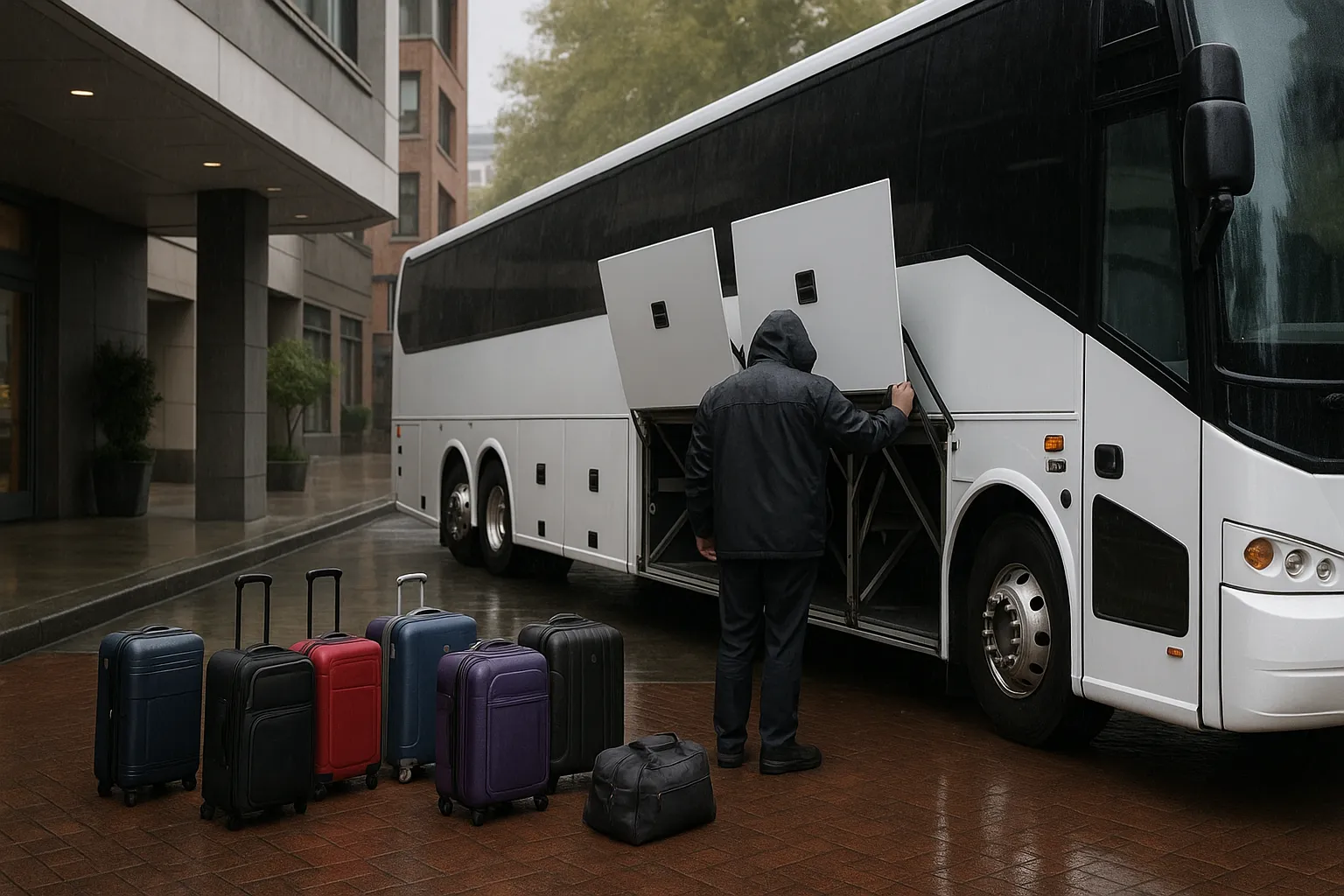 Suitcases being loaded into the under-floor luggage bay of a 56-passenger charter bus in Portland