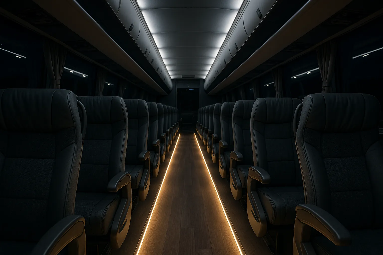 Night interior of a 56-passenger charter bus with soft aisle lighting and reclining seats