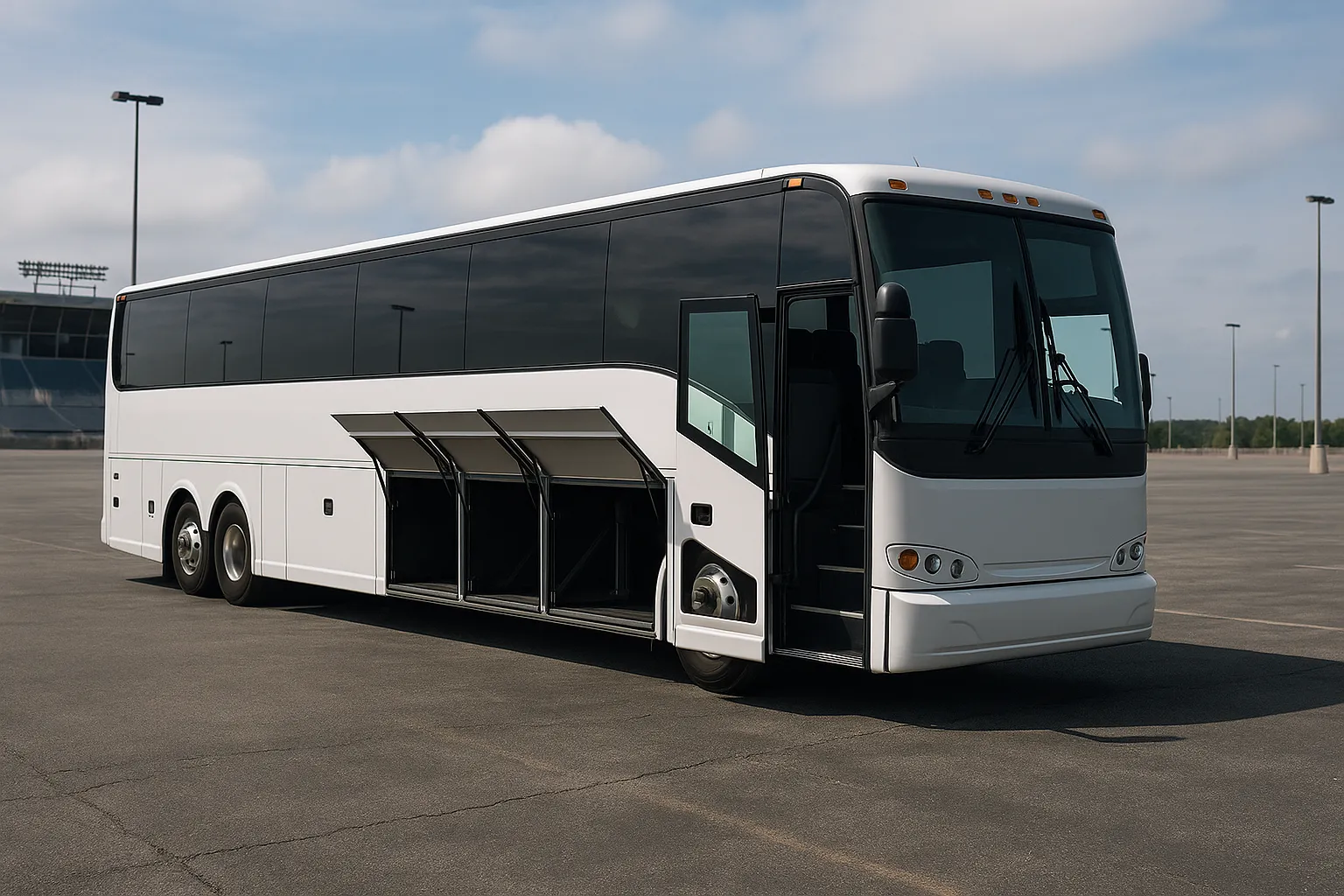 56-passenger charter bus in a stadium bus lot with its door and luggage bays open