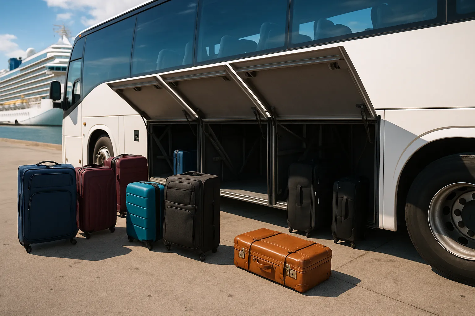 Suitcases loaded into the under-floor bays of a 56-passenger charter bus near a cruise terminal