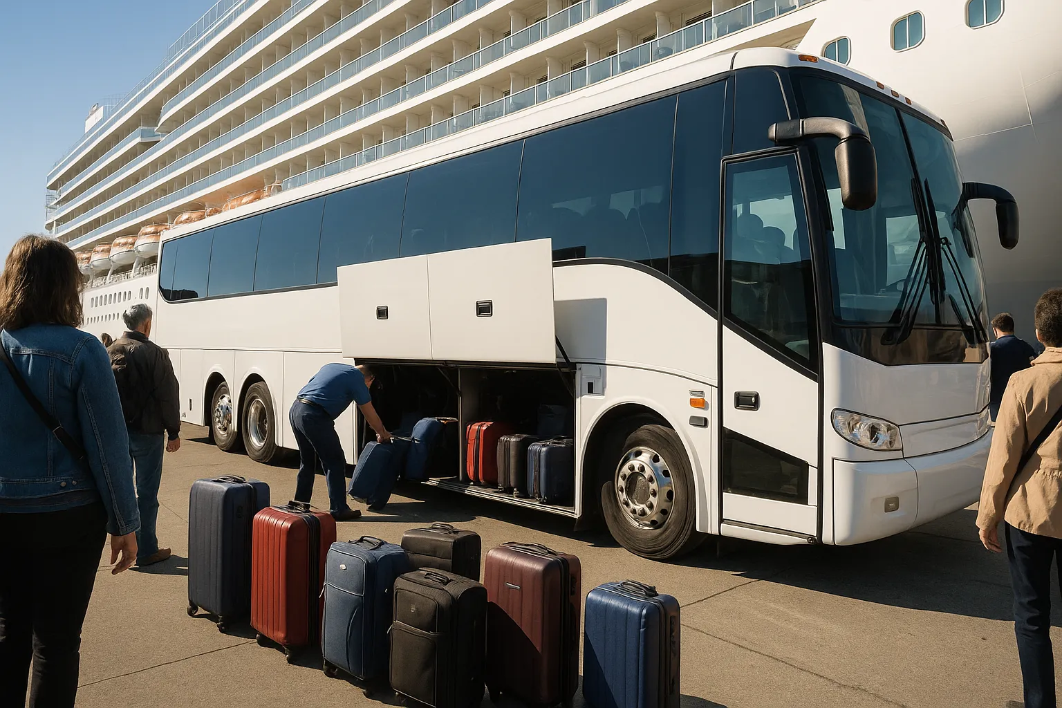 Luggage being loaded into the under-floor bay of a 56-passenger charter bus in Seattle