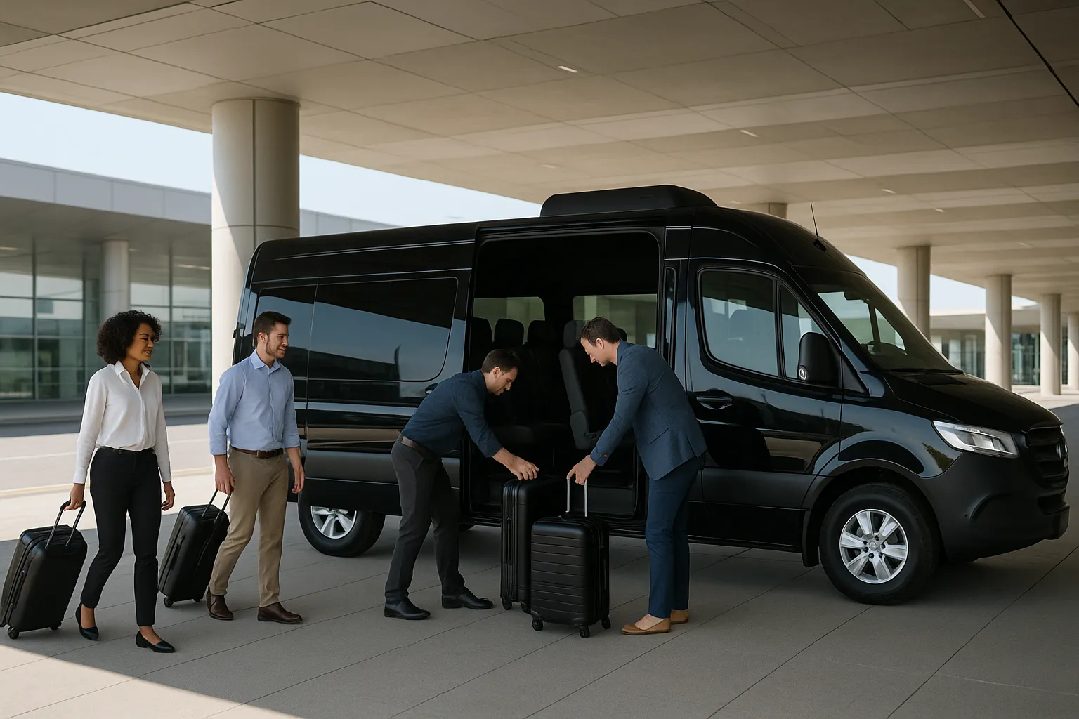 Black sprinter van picking up a small business team at a covered airport arrivals roadway