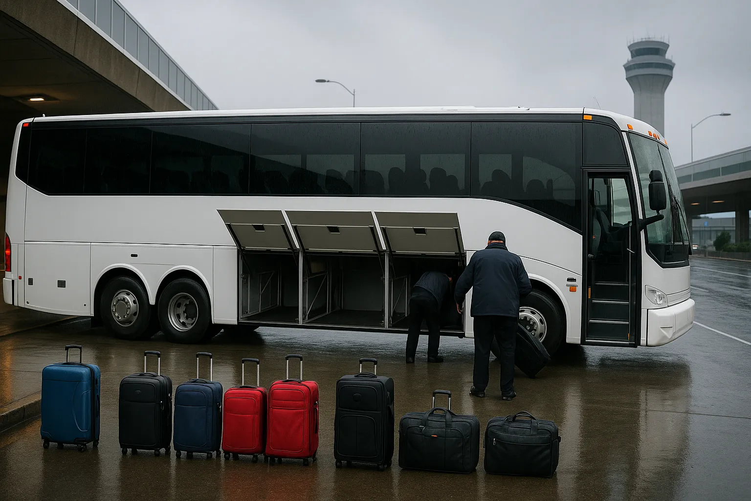 airport charter bus loading luggage at Portland International Airport