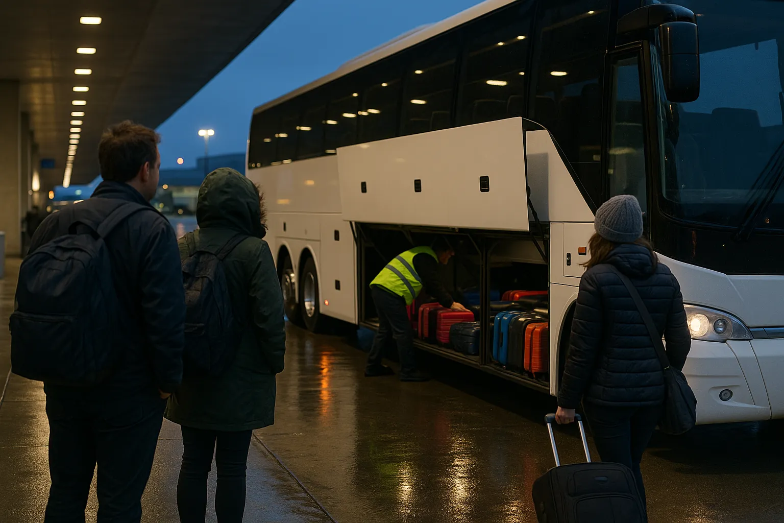 Charter bus loading luggage for an airport group transfer in Seattle