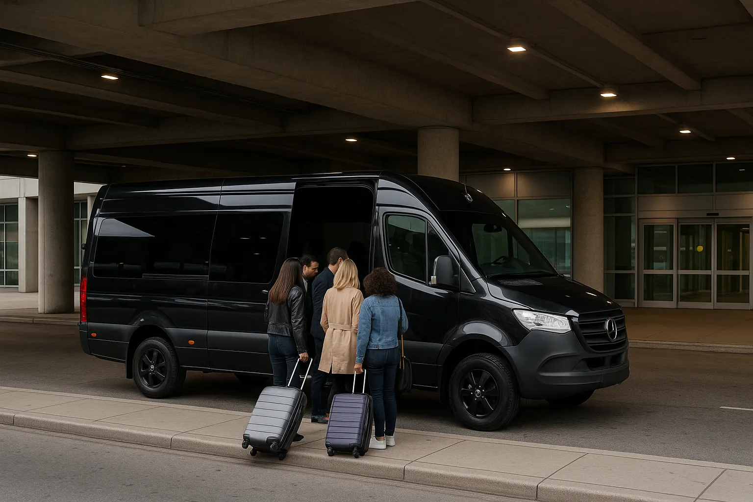 Black executive sprinter van at a covered airport arrivals curb with a small group and suitcases