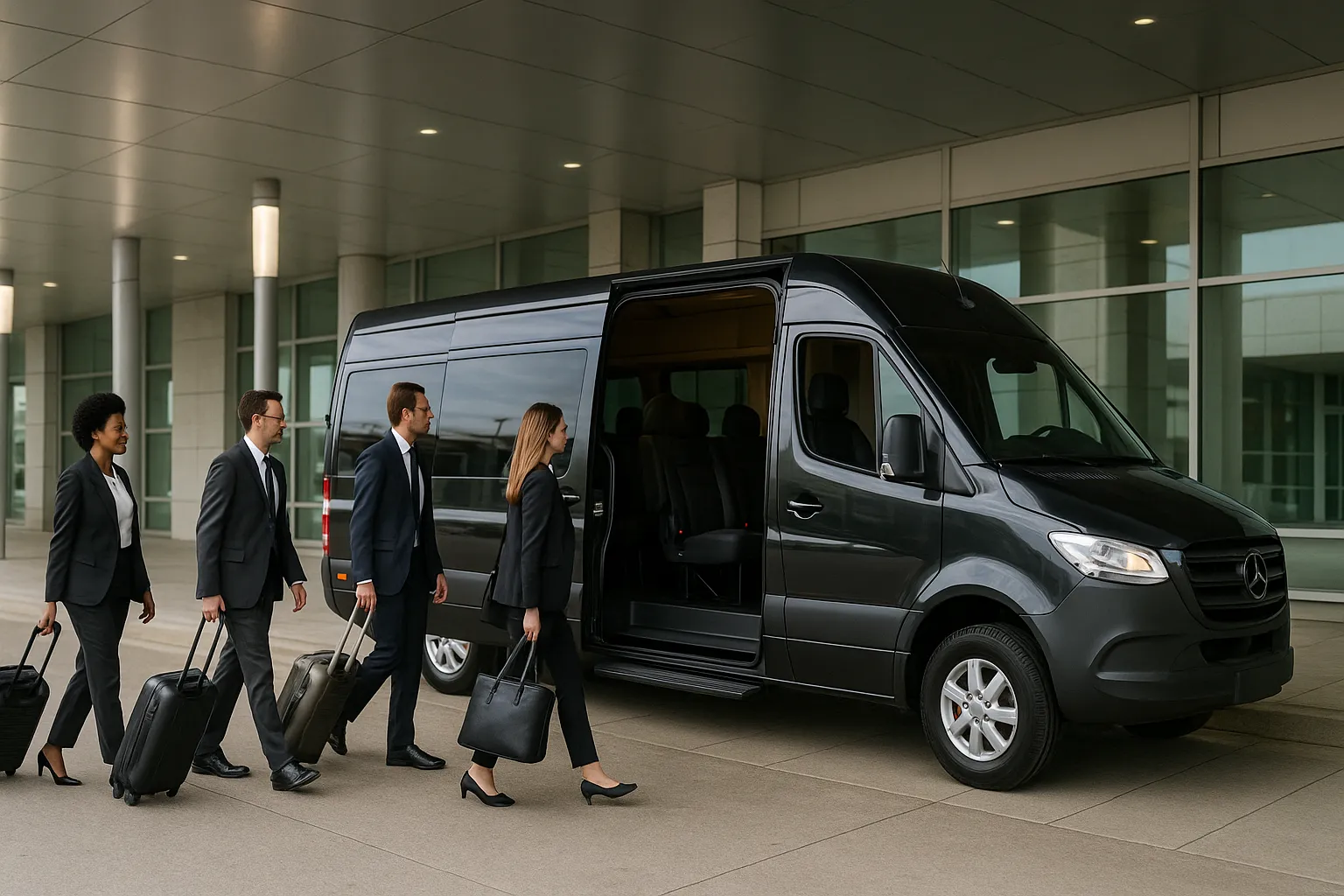 Executive sprinter van waiting for business travellers at an airport arrivals curb