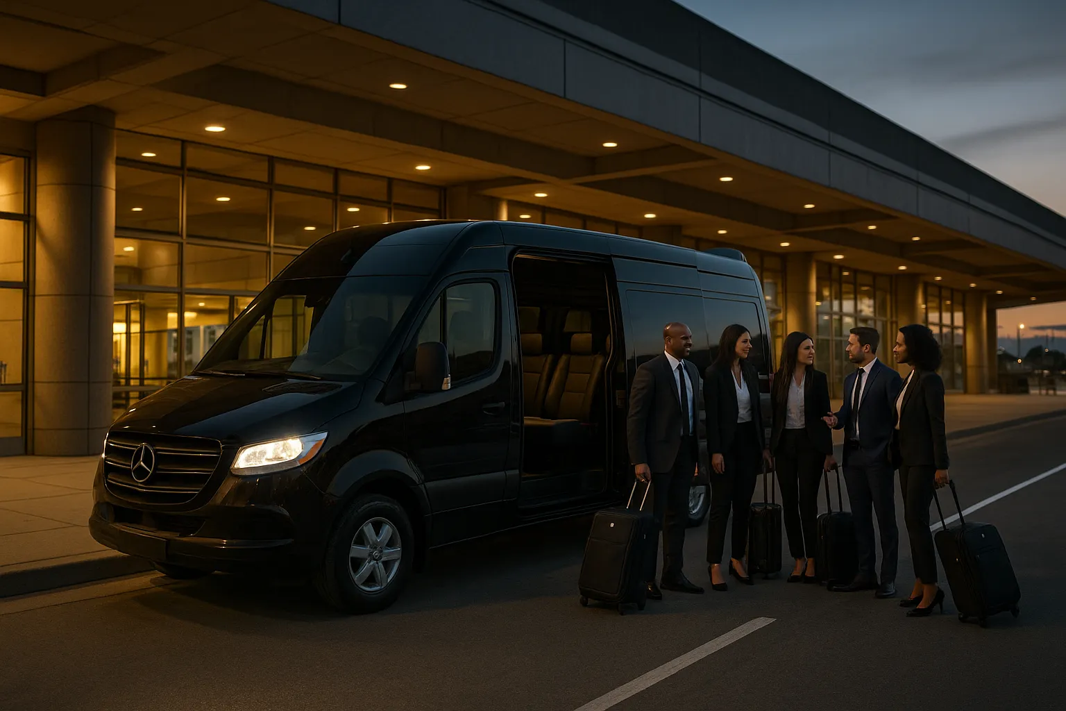 Black sprinter van picking up a small business group at the arrivals curb