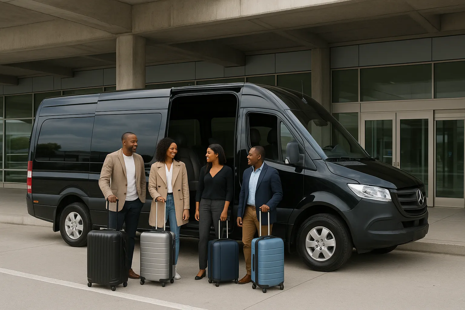 Black executive sprinter van with a small group and luggage at an airport arrivals curb