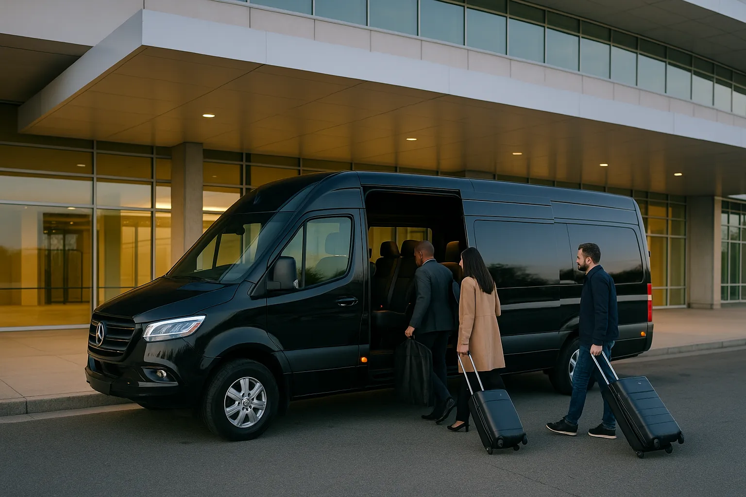 Executive sprinter van picking up travellers at an early morning arrivals curb
