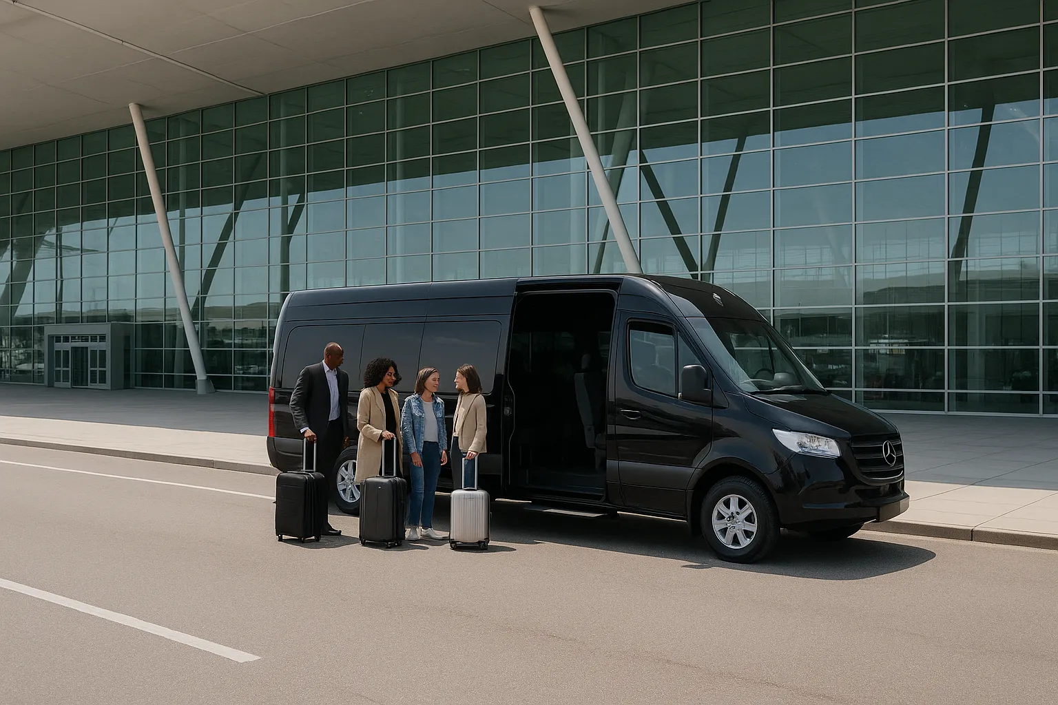 Black executive sprinter van at an airport arrivals curb with a small group and suitcases