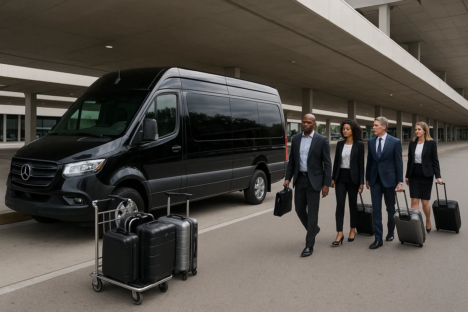 Executive sprinter van collecting a small business delegation at the arrivals curb