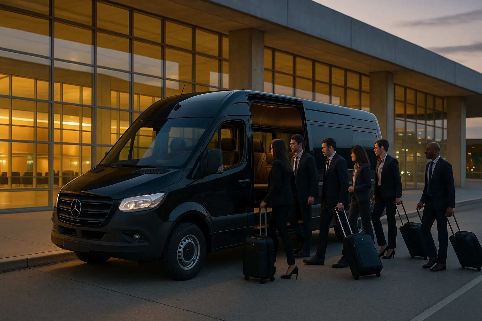 Black executive sprinter van at an airport arrivals curb with a small group loading suitcases