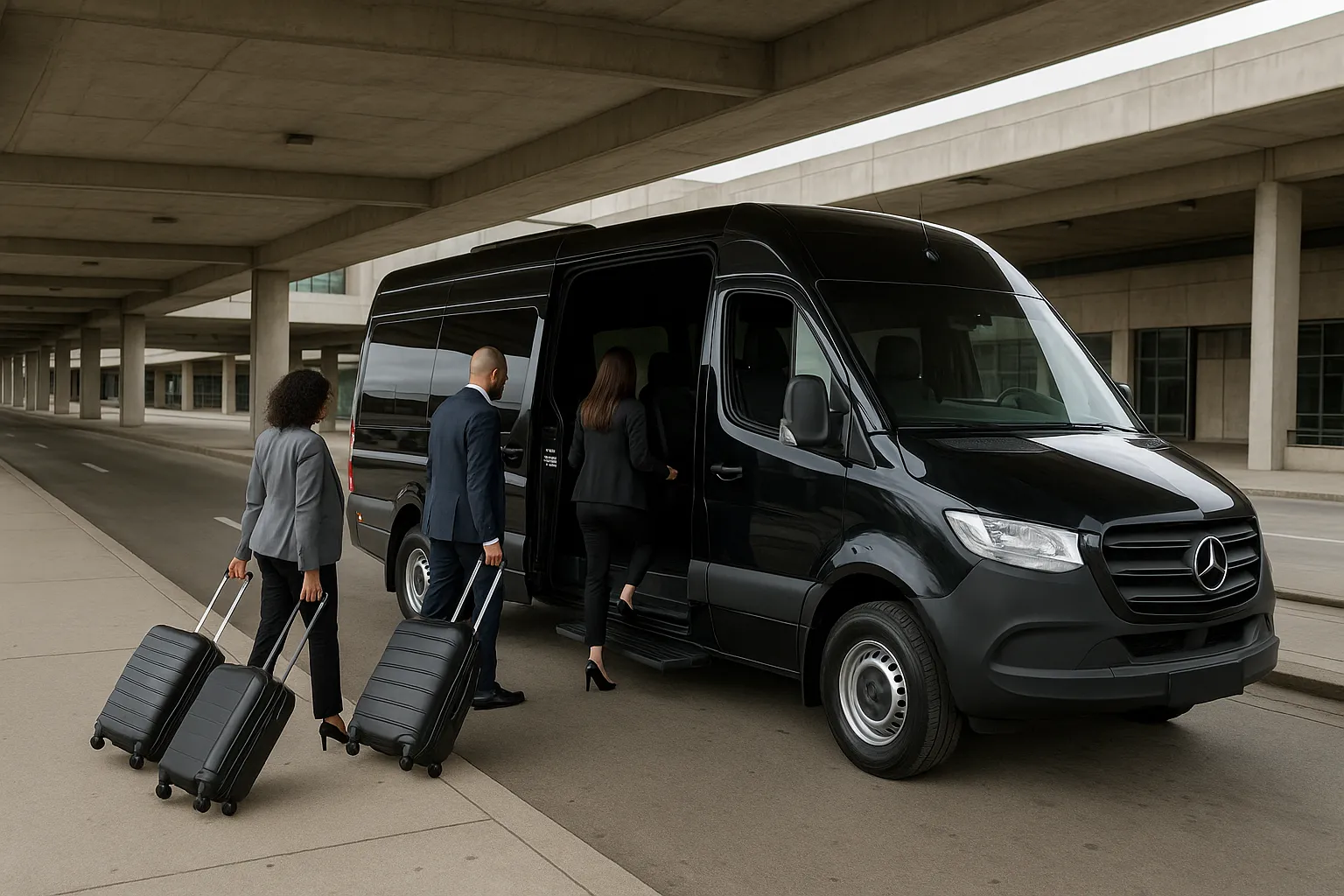 Black executive sprinter van picking up a small group at an airport arrivals curb