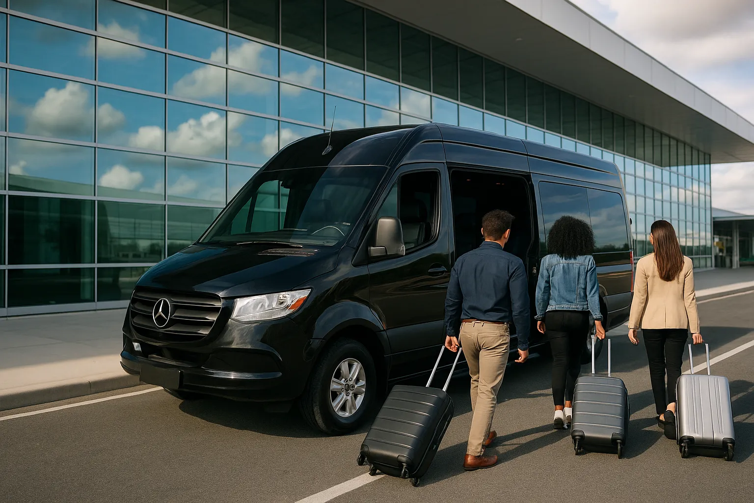 Black executive sprinter van at an airport arrivals curb with travelers approaching the side door
