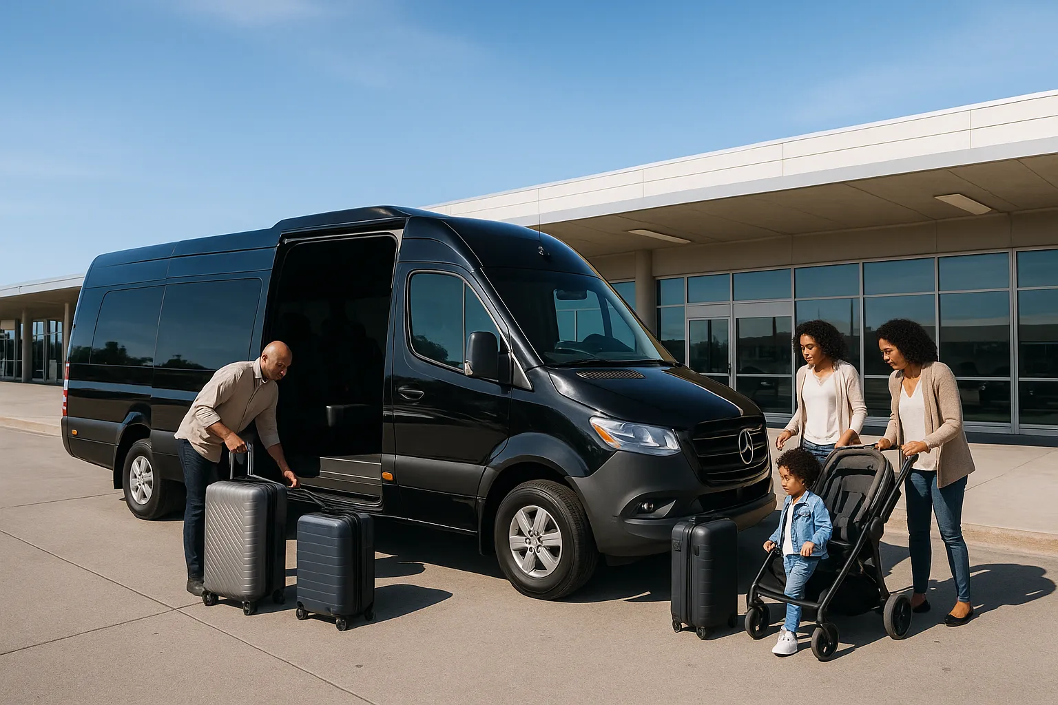 Black sprinter van loading a family group at a ground-level airport arrivals area