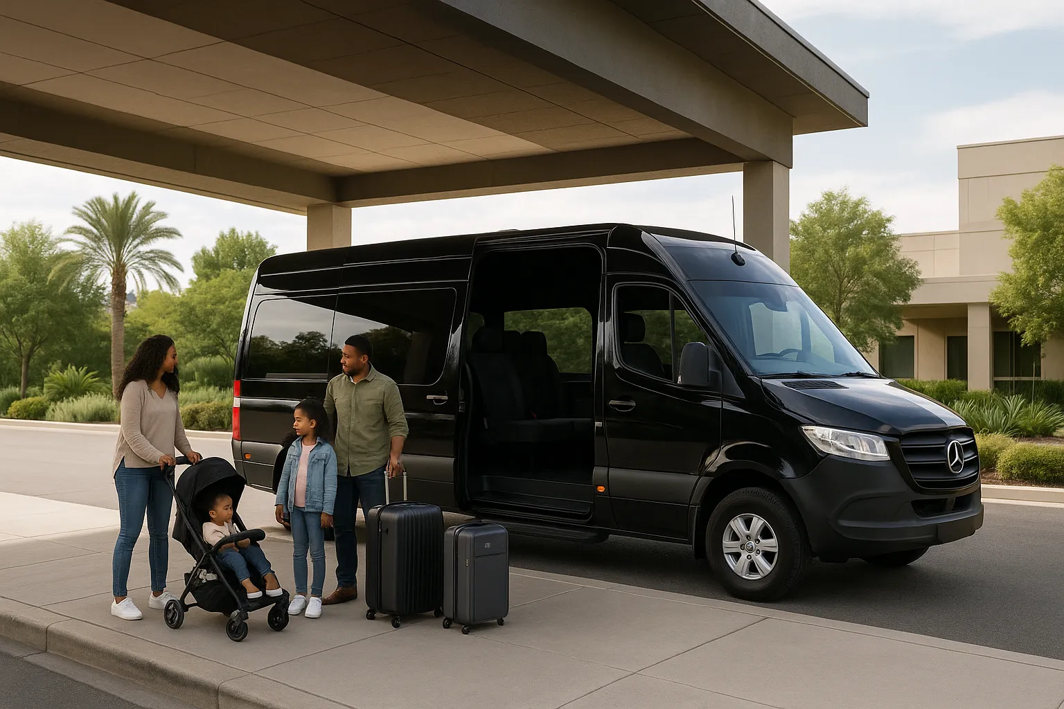 Sprinter van collecting a family with luggage at the arrivals curb in Orlando