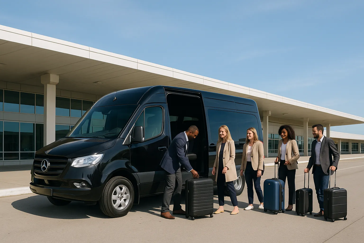 Black sprinter van loading suitcases for a small group at a low-rise airport arrivals curb