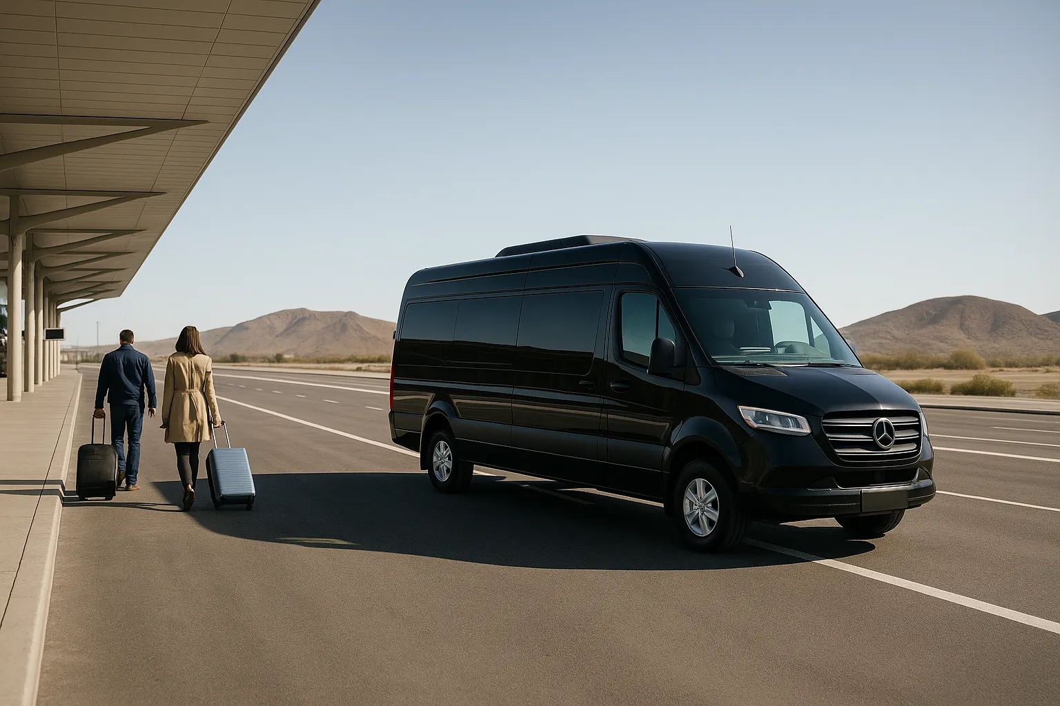 Black sprinter van waiting in an airport ground transportation lane with mountains behind