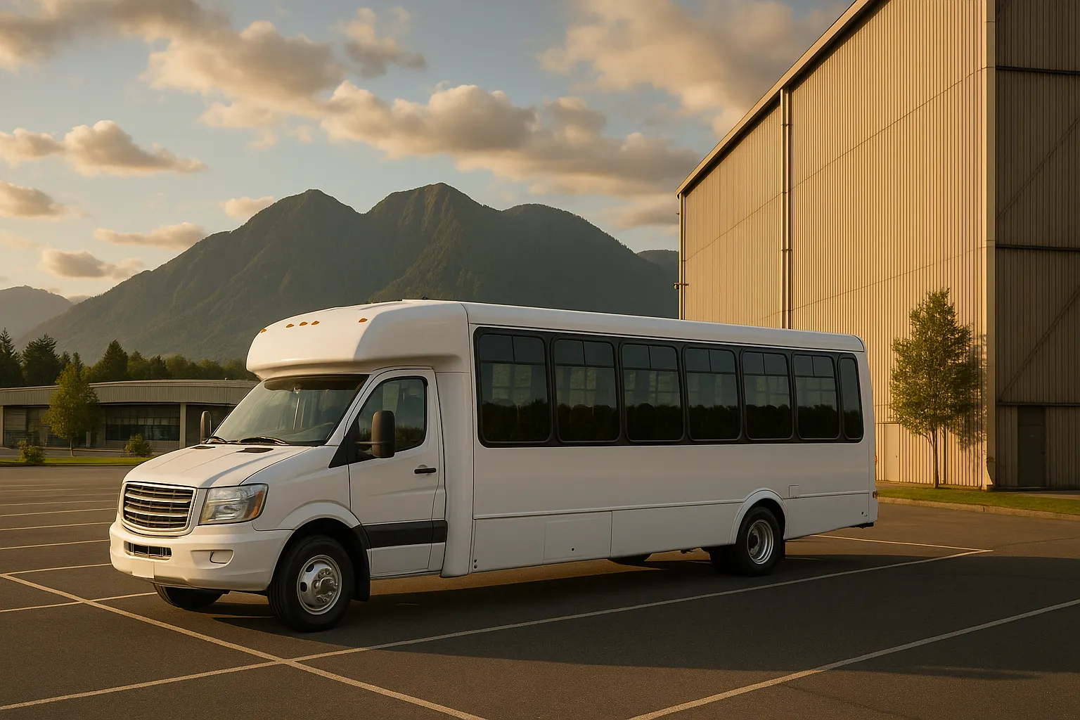 White motorcoach at a small regional airport terminal frontage on an overcast morning