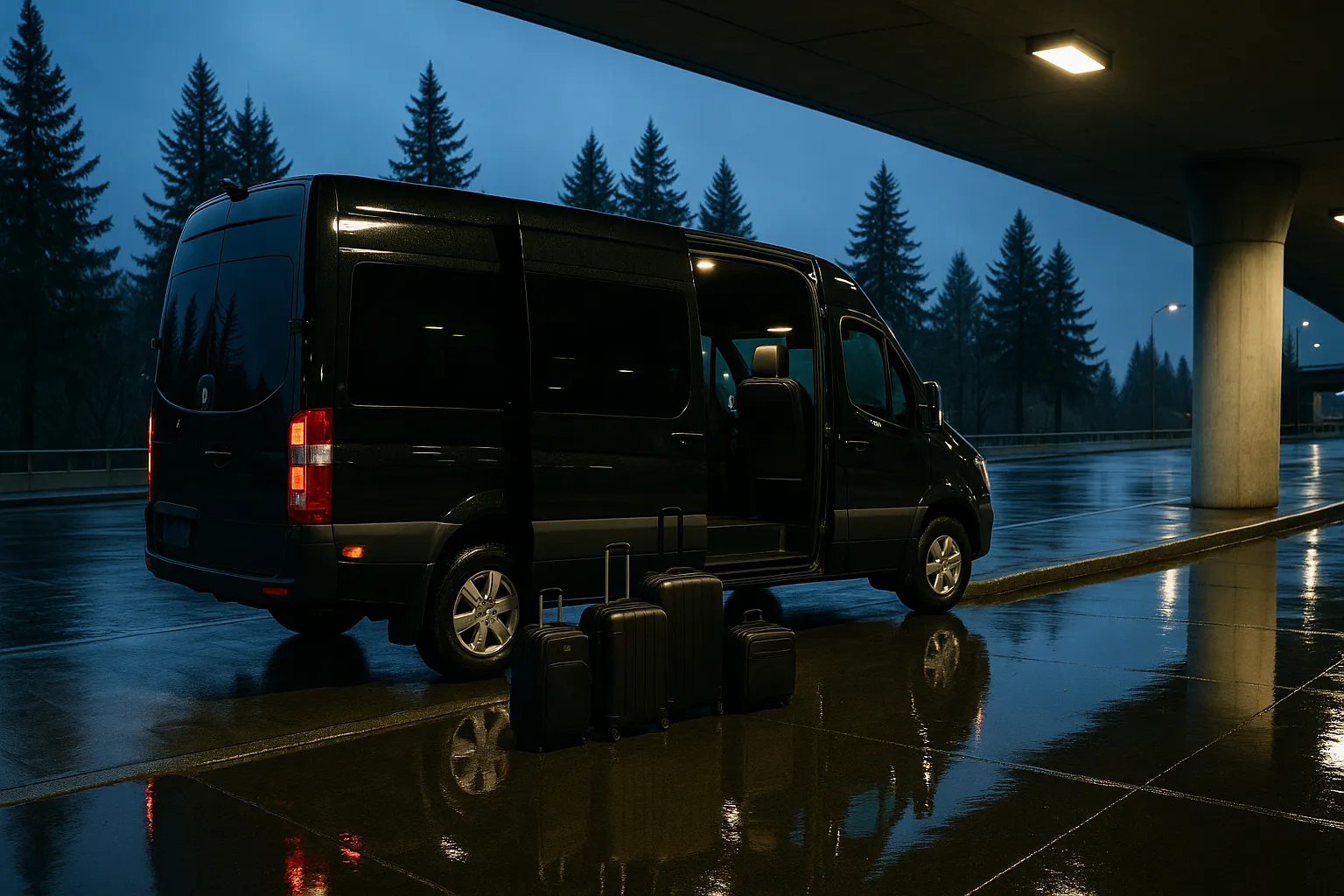 Black executive sprinter van loading luggage at the Portland airport arrivals roadway