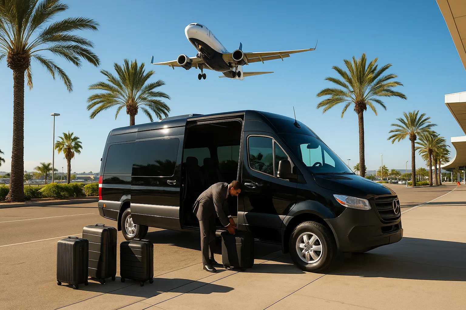 Black executive sprinter van loading luggage at the San Diego airport arrivals curb