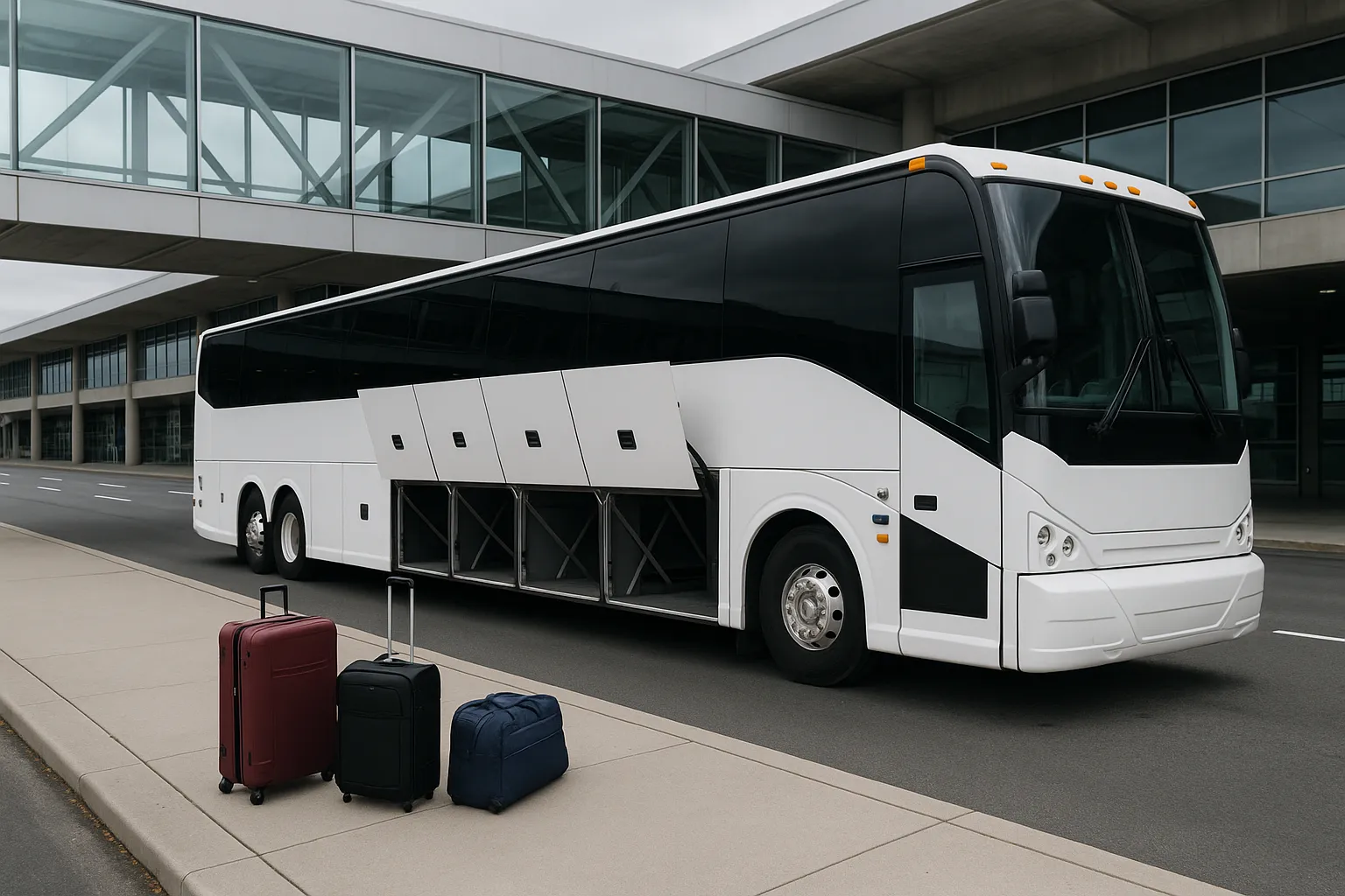 White motorcoach waiting in an airport charter bus staging area beside a parking garage