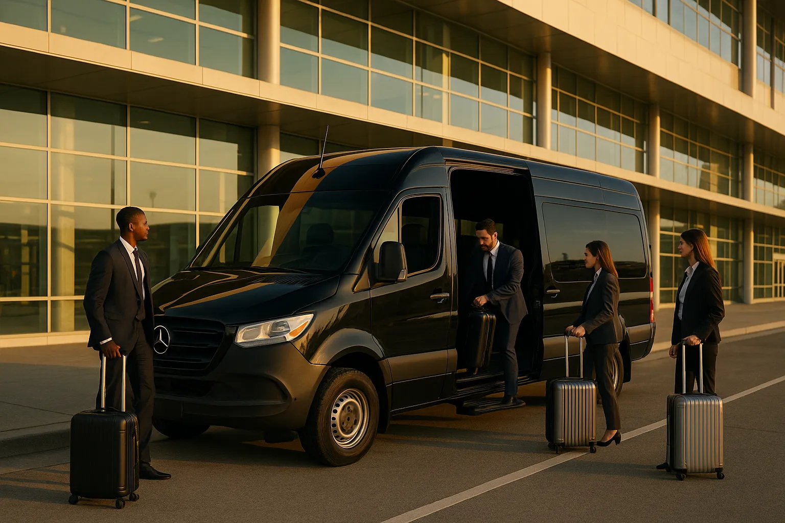 Black executive sprinter van loading corporate travelers and carry-on bags at an airport curb
