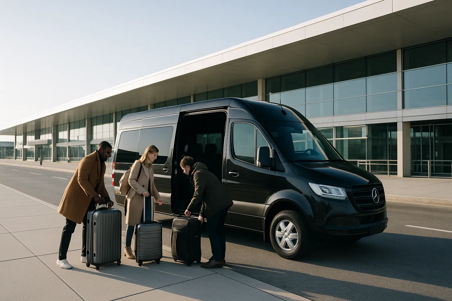 Black sprinter van loading luggage for three travelers at an uncrowded airport arrivals curb