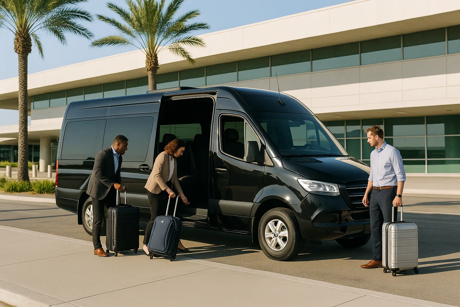 Black sprinter van loading luggage at an airport ground transportation island