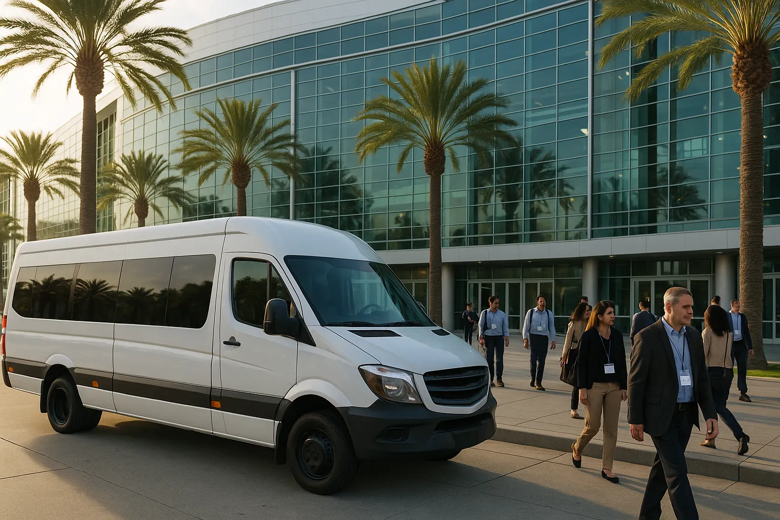 Minibus parked outside the Anaheim convention center entrance in the late afternoon