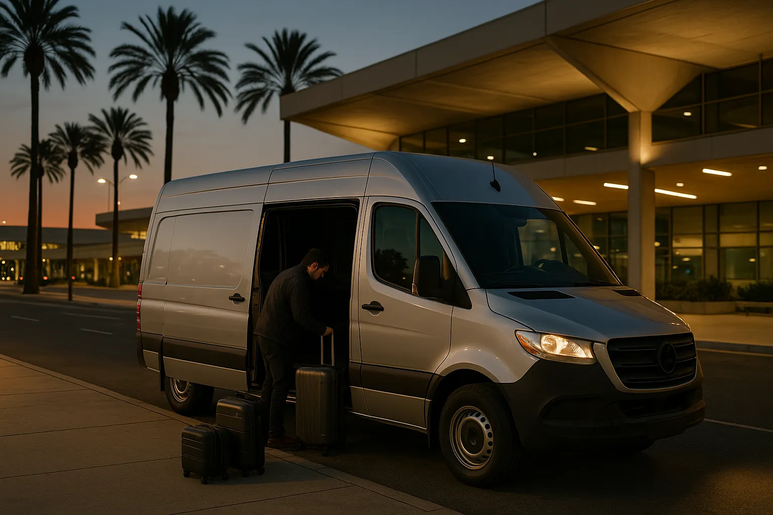 Sprinter van loading luggage at a Southern California airport arrivals curb at dusk