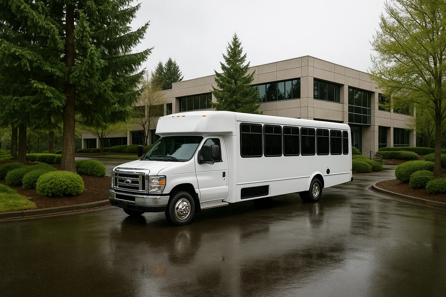 Minibus waiting outside a Beaverton corporate campus entrance on a grey morning