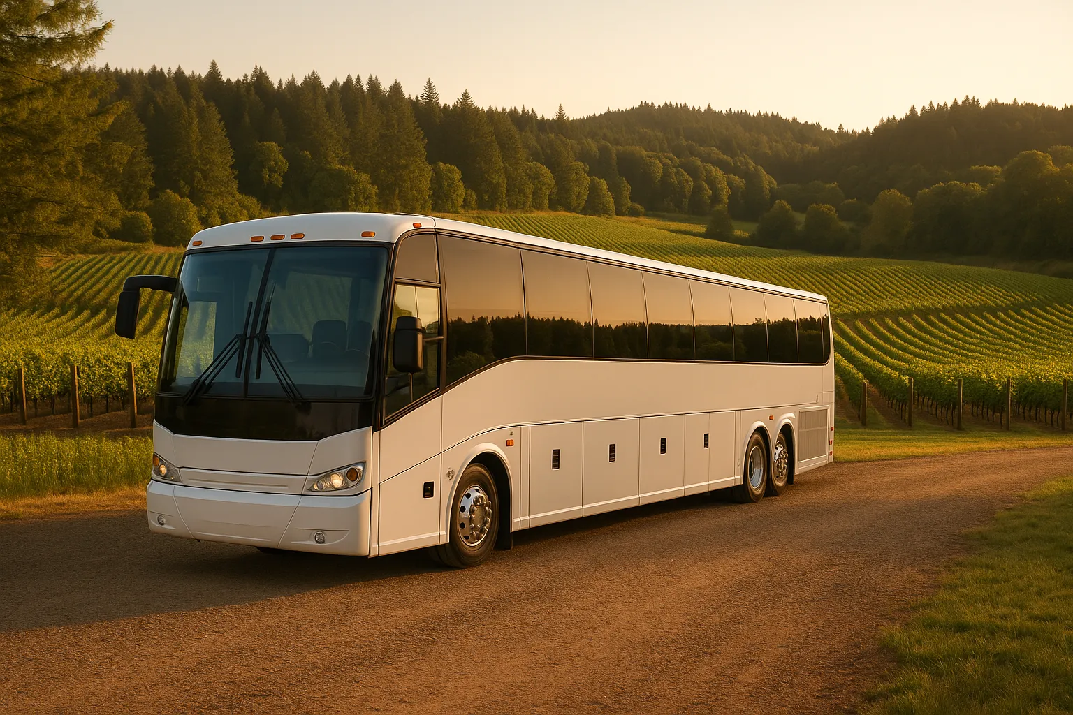 Motorcoach loading wedding guests at a Washington County vineyard in the late afternoon
