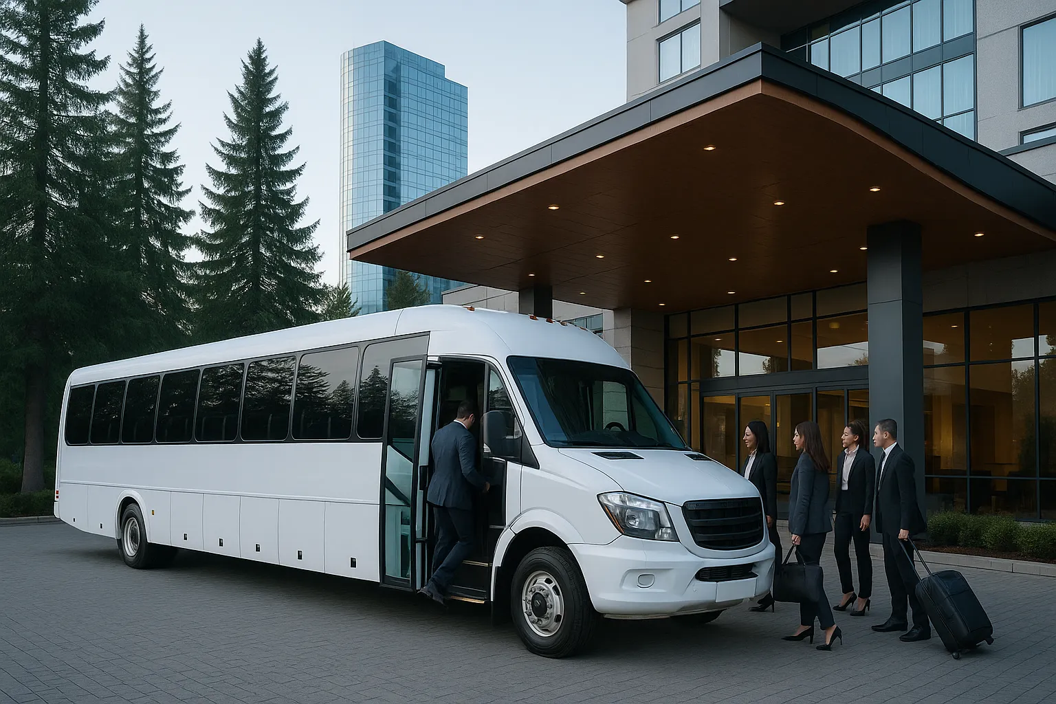 Minibus loading a corporate group outside a downtown Bellevue hotel entrance