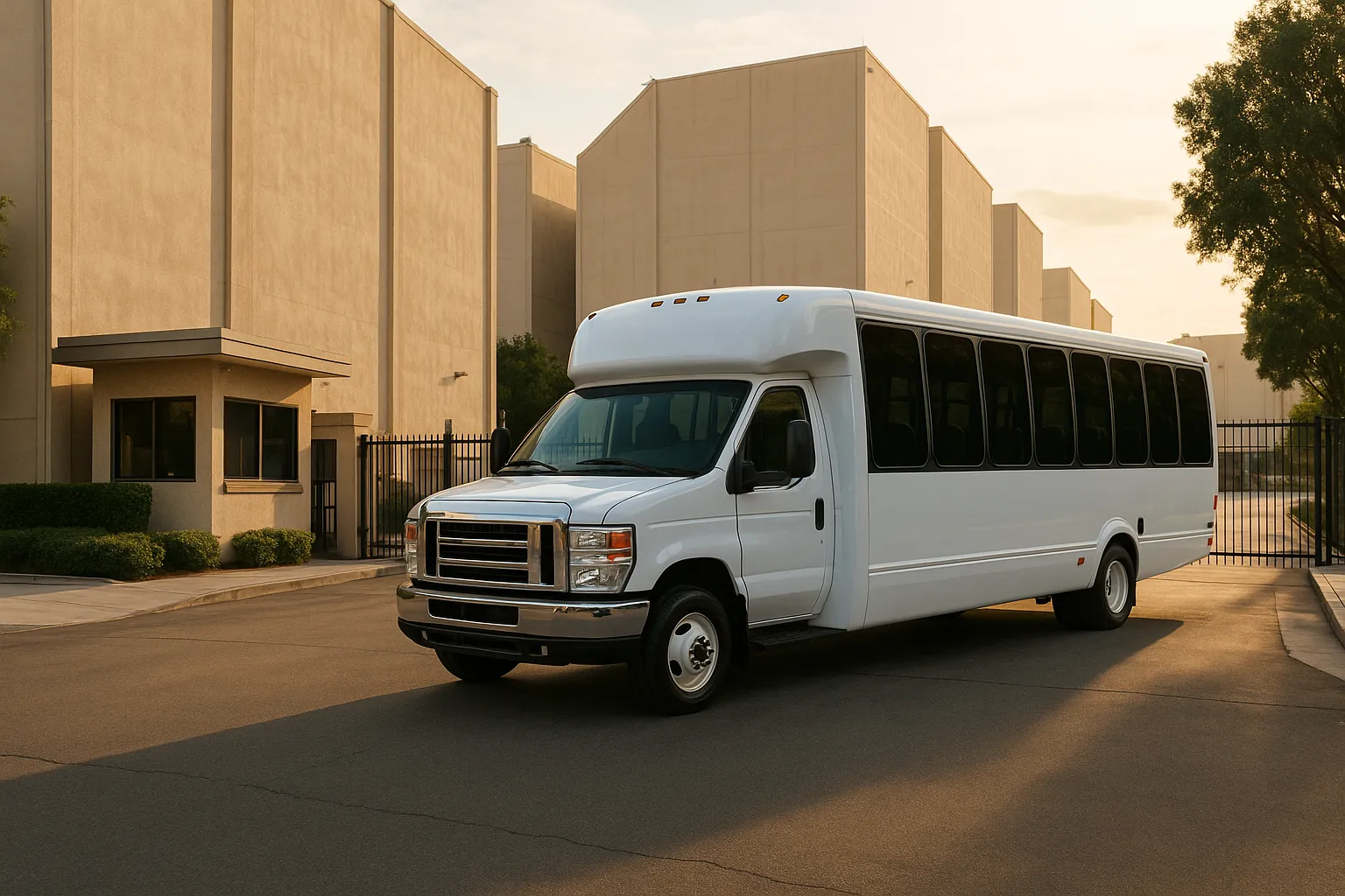 Motorcoach waiting outside a studio gate in the Burbank media district in the afternoon