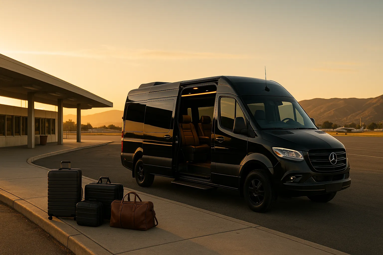 Executive sprinter van loading passengers at a small open air airport terminal curb in the San Fernando Valley