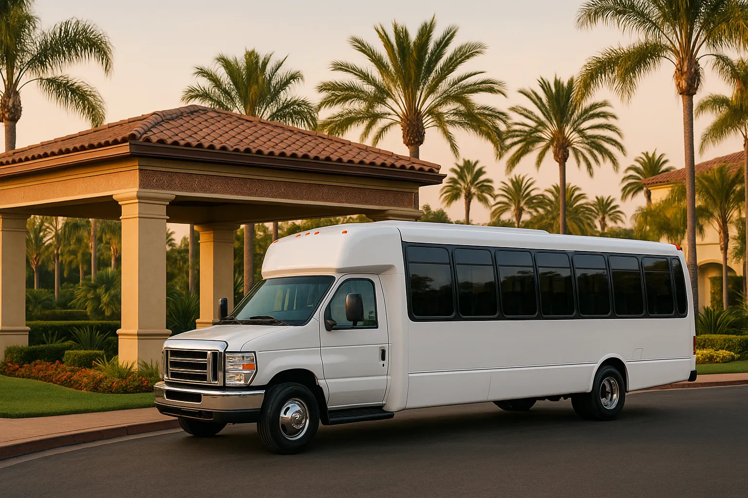 Minibus waiting outside a North County San Diego resort entrance in the late afternoon