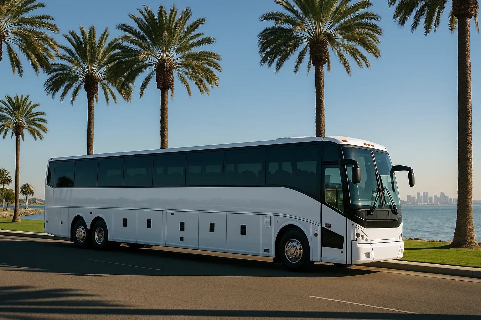 White charter motorcoach on a bayfront road in Chula Vista with the marina behind
