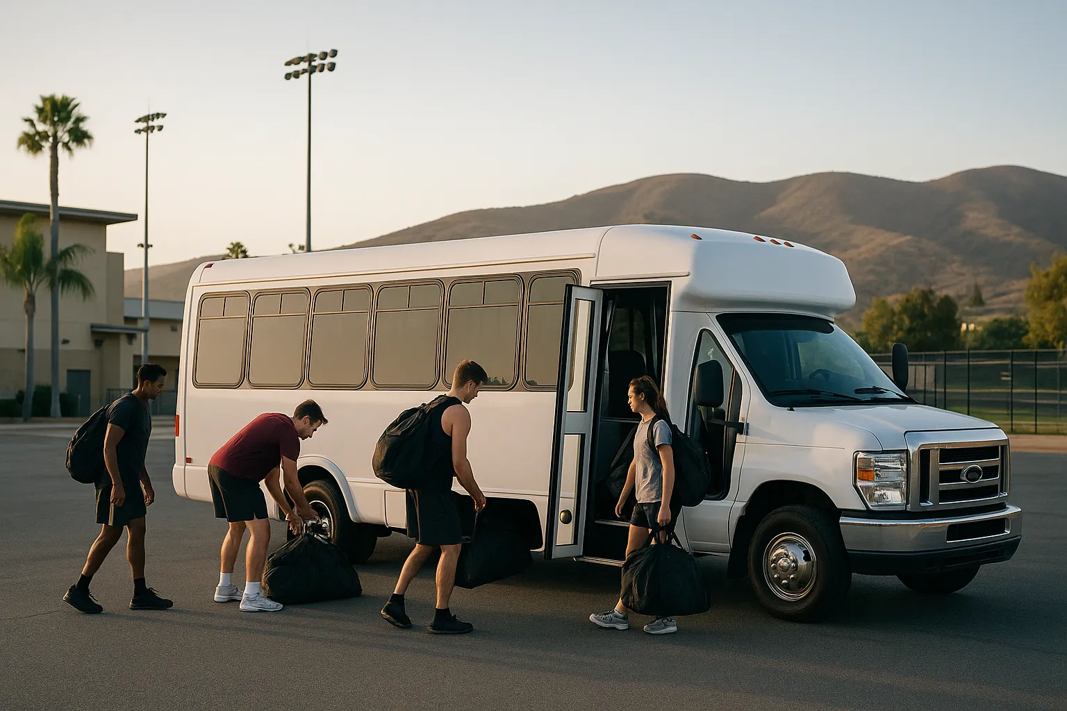 Minibus loading a youth sports team outside a South Bay sports complex