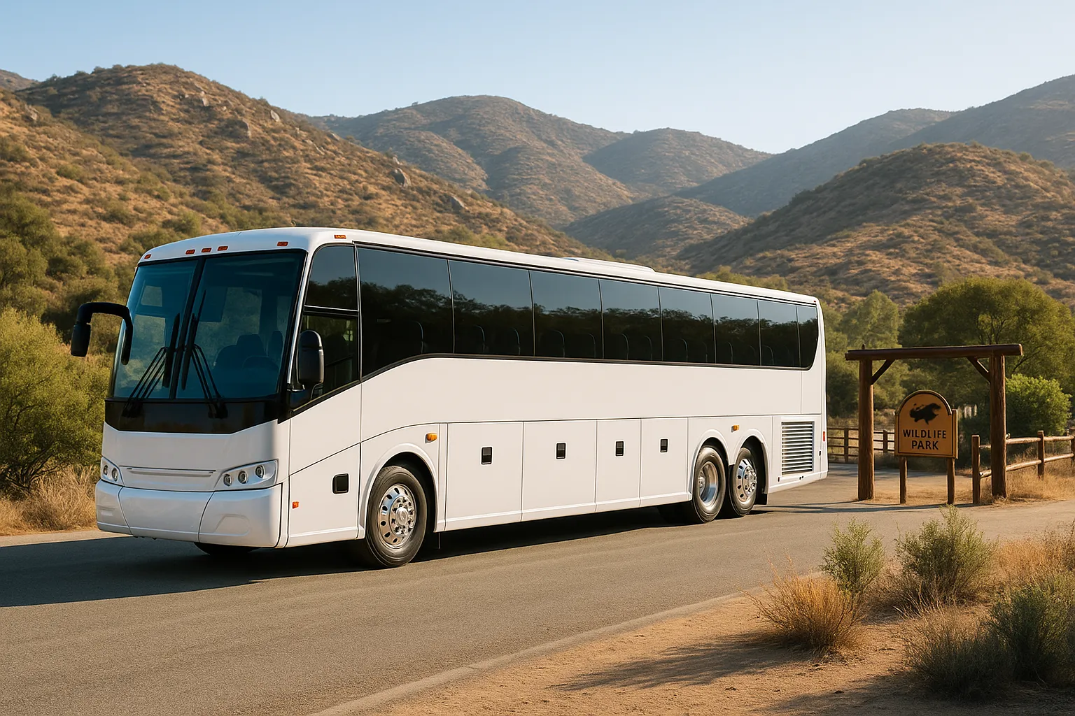 White charter motorcoach on a rural valley road outside Escondido with dry hills behind