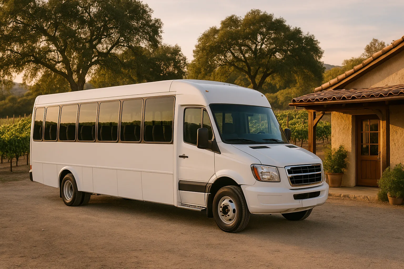 Minibus parked at a vineyard tasting room in the San Pasqual Valley