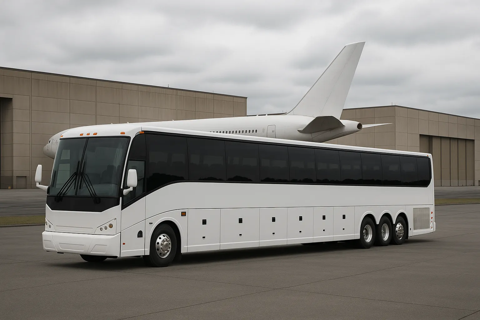Motorcoach on a wide industrial boulevard near a very large aircraft assembly building